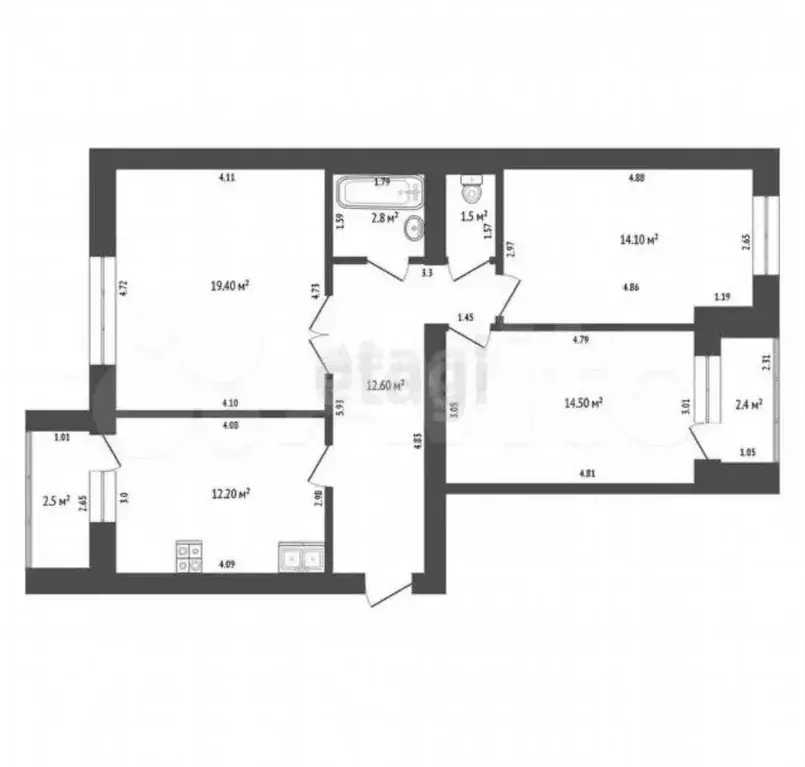3-к. квартира, 77,1 м, 5/9 эт. - Фото 0