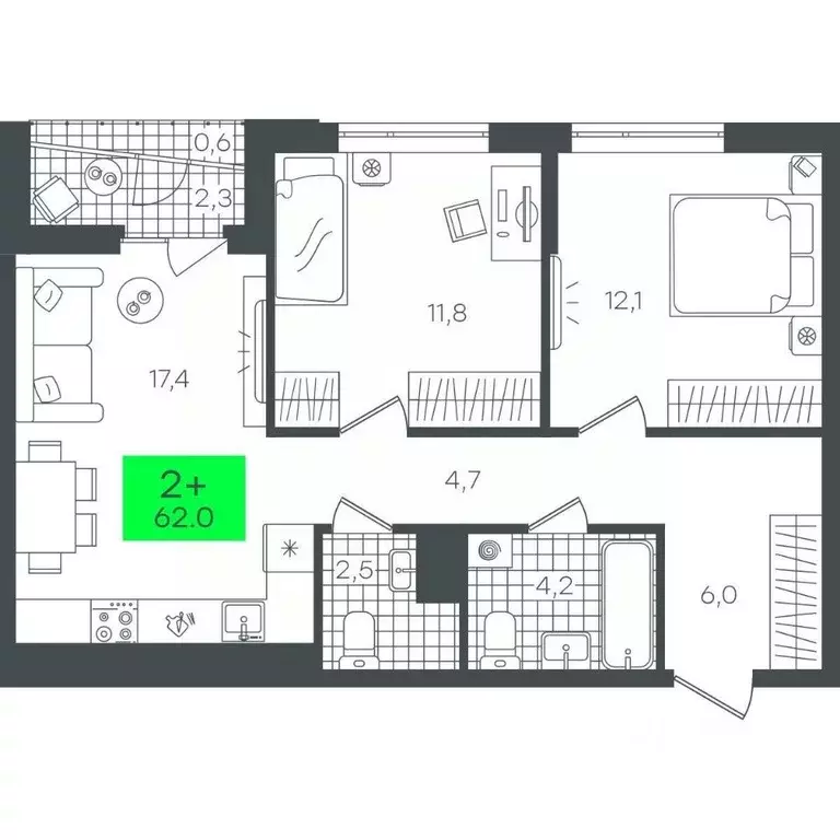 2-к кв. Тюменская область, Тюмень ул. Николая Глебова, 10 (62.02 м) - Фото 0