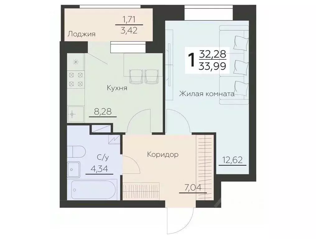 1-к кв. Воронежская область, Воронеж Ленинградская ул., 29Б (33.99 м) - Фото 0