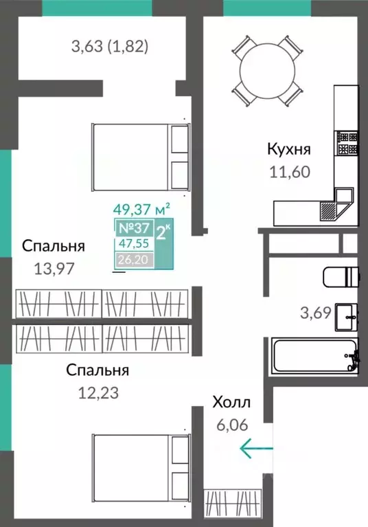 2-к кв. Крым, Симферополь просп. Александра Суворова (49.37 м) - Фото 0