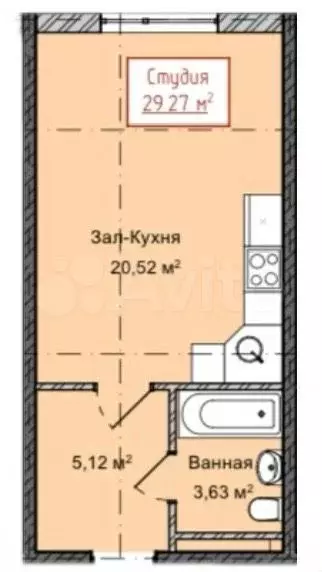 Квартира-студия, 29,3 м, 2/13 эт. - Фото 1