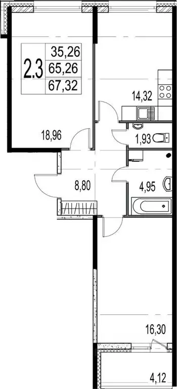 Квартира, 2 комнаты, 65.73 м - Фото 0