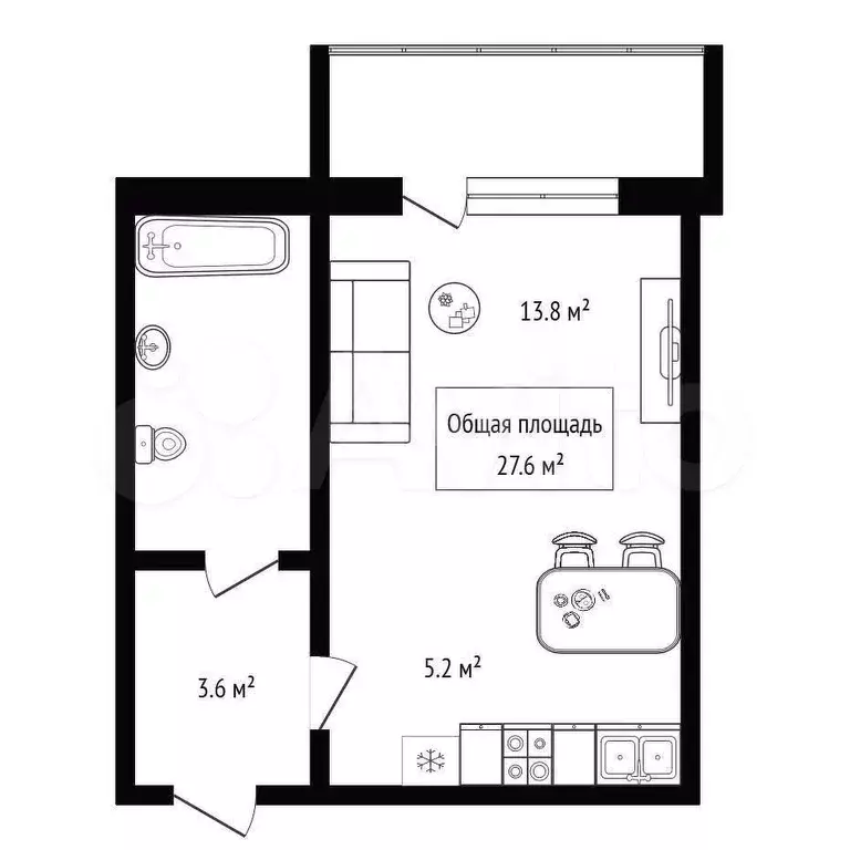 Квартира-студия, 27,6 м, 6/10 эт. - Фото 0