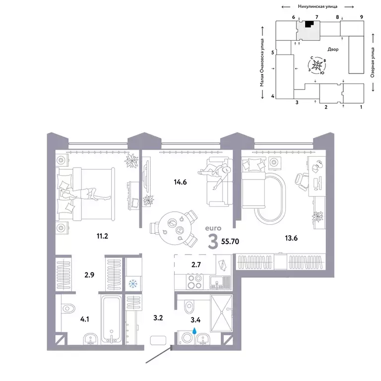 3-к квартира, 55.7 м - Фото 0