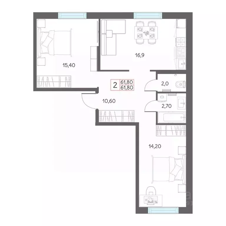 2-к кв. Тюменская область, Тобольск 7А мкр, 29 (61.8 м) - Фото 1