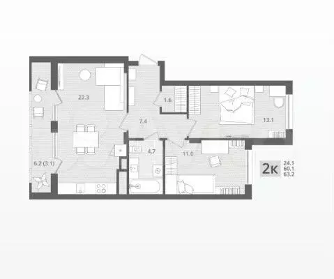 2-к. квартира, 63,2 м, 2/7 эт. - Фото 1