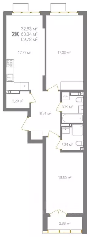 2-к кв. Нижегородская область, Нижний Новгород Ветеринарная ул. (69.78 ... - Фото 2