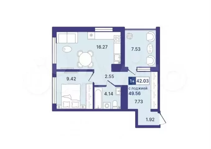 1-к. квартира, 49,5 м, 3/8 эт. - Фото 1