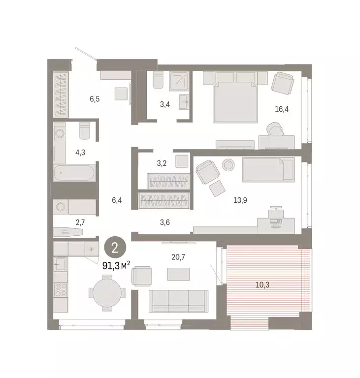 2-комнатная квартира: Тюмень, улица Республики, 205к3 (91.26 м) - Фото 2