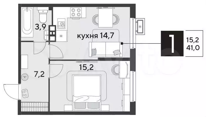 1-к. квартира, 41 м, 3/9 эт. - Фото 0