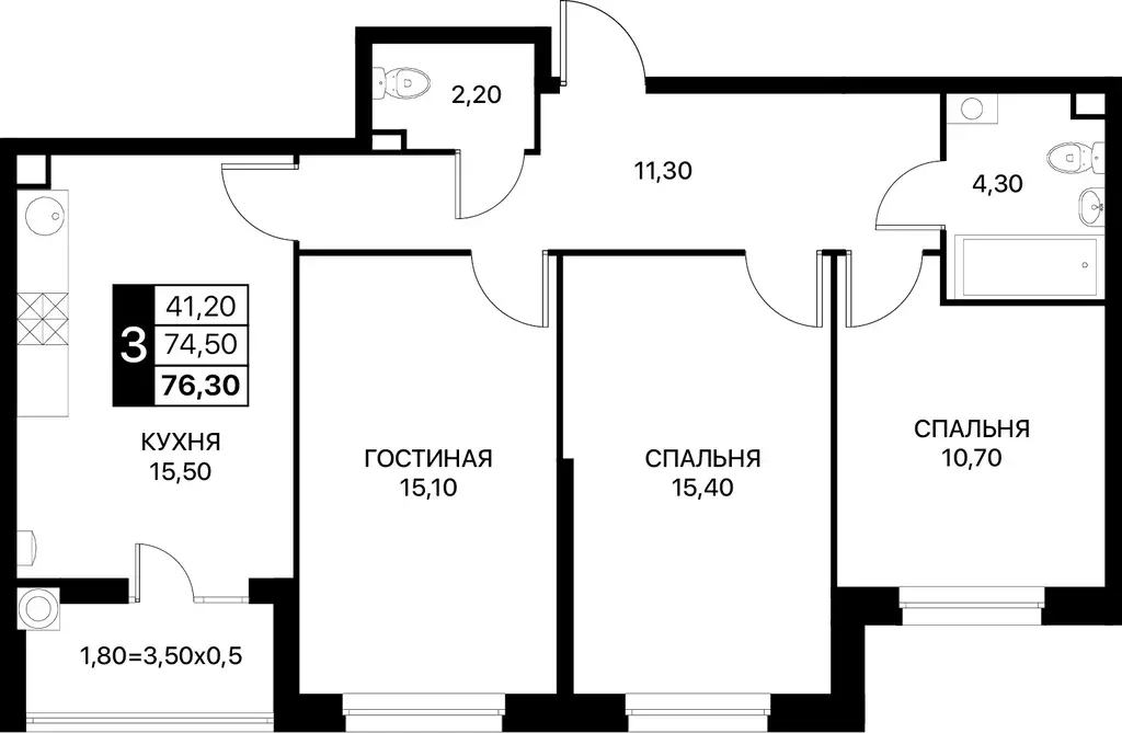3-к квартира, 76.3 м - Фото 0