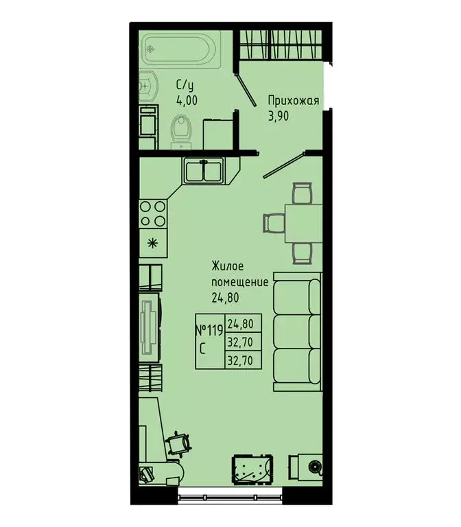 Квартира-студия: Коммунар, Железнодорожная улица, 41к2 (32.7 м) - Фото 1