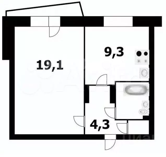 1-к. квартира, 38,6 м, 2/9 эт. - Фото 0