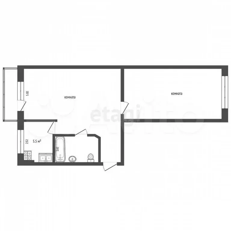 2-к. квартира, 42,8 м, 5/5 эт. - Фото 0
