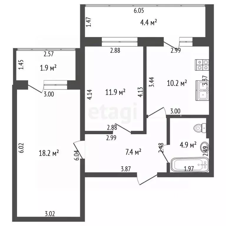 2-к кв. Башкортостан, Стерлитамак ул. Артема, 149 (52.6 м) - Фото 1