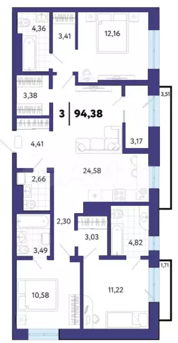 3-к. квартира, 94,4 м, 4/9 эт. - Фото 1