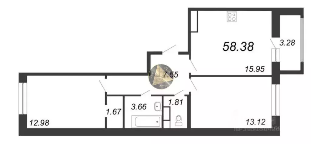 Квартира, 2 комнаты, 58.38 м - Фото 0