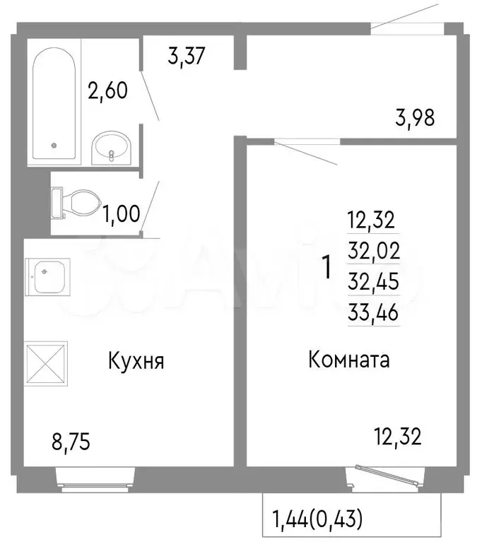 1-к. квартира, 32,5 м, 9/10 эт. - Фото 0