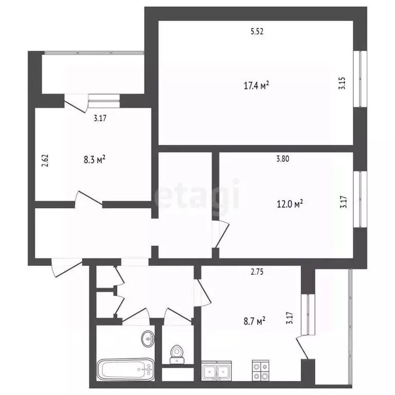 3-к кв. Белгородская область, Белгород ул. Губкина, 39 (63.6 м) - Фото 2