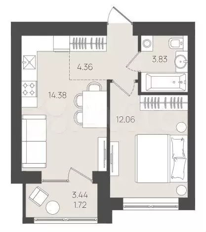1-к. квартира, 36,4 м, 3/5 эт. - Фото 1