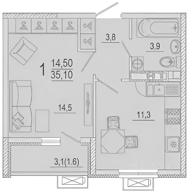 1-к кв. Краснодарский край, Краснодар ул. Даниила Смоляна, 65 (36.0 м) - Фото 1