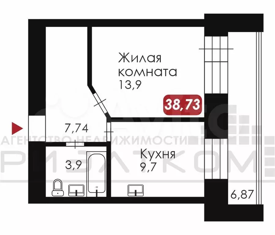 1-к. квартира, 38,7 м, 5/14 эт. - Фото 1