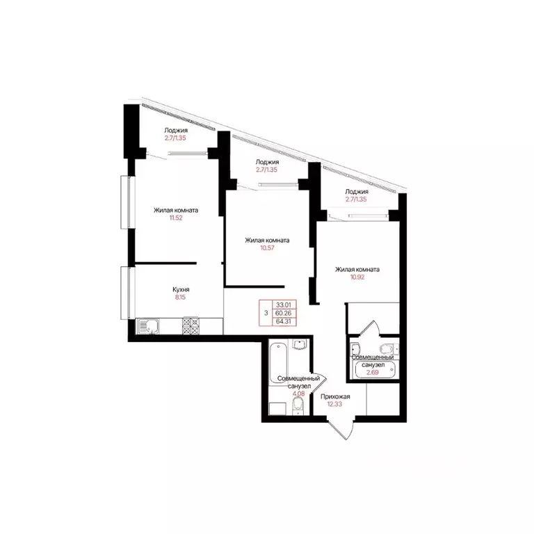 3-к кв. Татарстан, Казань Лето жилой комплекс (64.31 м) - Фото 2