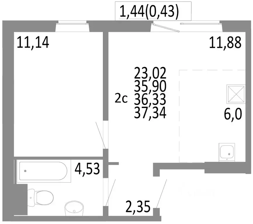 2-к кв. Челябинская область, Челябинск ул. Блюхера, 125В (36.33 м) - Фото 0