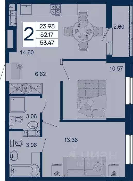 2-к кв. Краснодарский край, Краснодар  (53.47 м) - Фото 1