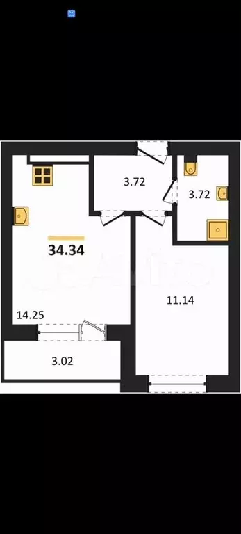 1-к. квартира, 34,3 м, 2/4 эт. - Фото 1