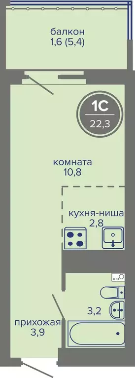квартира-студия, 22.3 м - Фото 0