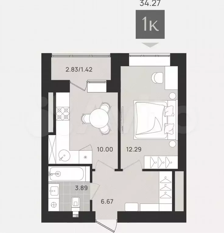 1-к. квартира, 34,3 м, 2/9 эт. - Фото 1
