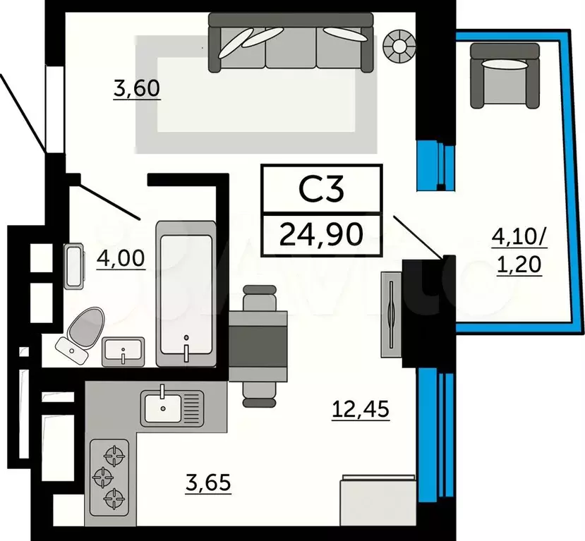 Квартира-студия, 24,9 м, 9/21 эт. - Фото 0