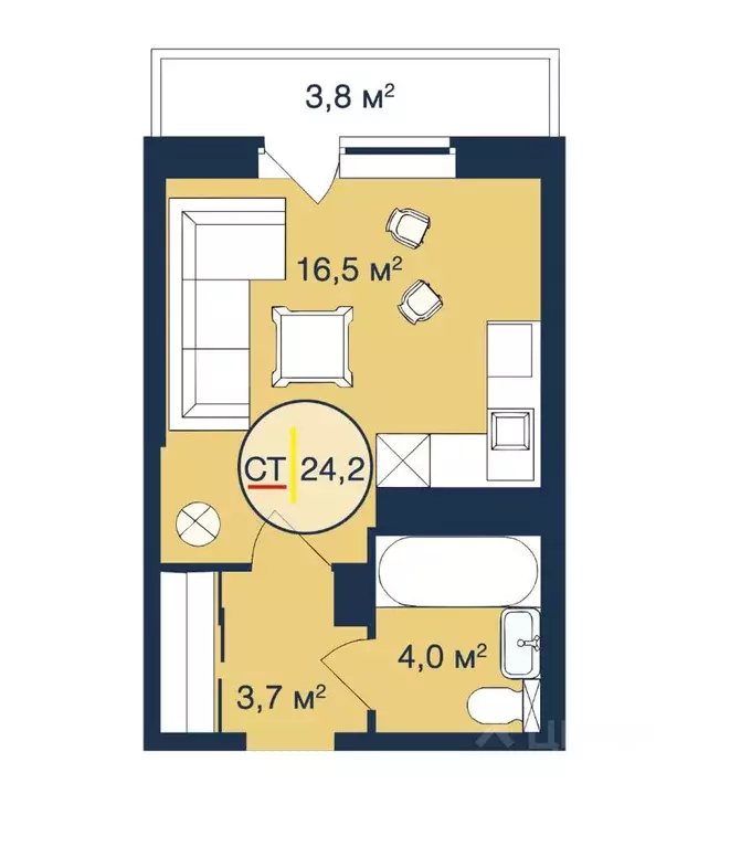 1-к кв. Тюменская область, Тюмень Таежная ул., 2 (24.2 м) - Фото 0