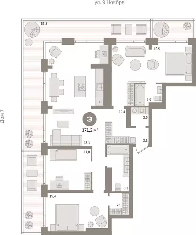 3-комнатная квартира: Новосибирск, улица Декабристов, 107к1 (169.9 м) - Фото 1