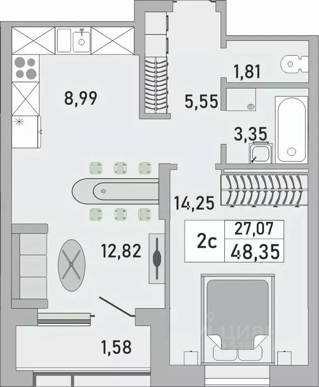 2-к кв. Башкортостан, Уфа Бакалинская ул., 9/1 (48.35 м) - Фото 1