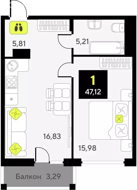 1-комнатная квартира: Тюмень, улица Разведчика Кузнецова, 9 (47.12 м) - Фото 0
