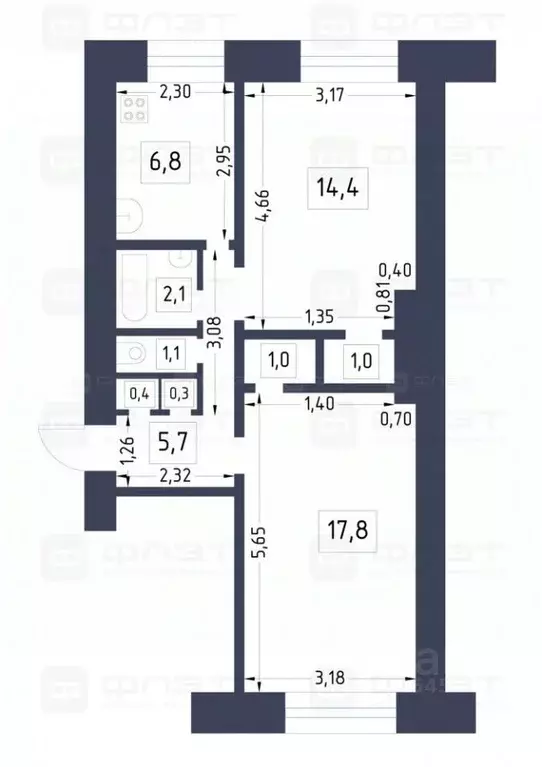 2-к кв. Татарстан, Казань ул. Татарстан, 52 (50.6 м) - Фото 2