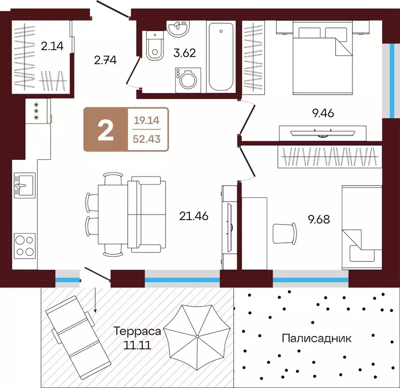 2-к кв. Башкортостан, Иглинский район, с. Акбердино  (52.43 м) - Фото 1