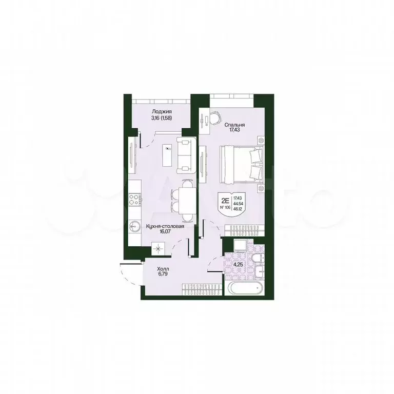 1-к. квартира, 46,1 м, 4/4 эт. - Фото 0