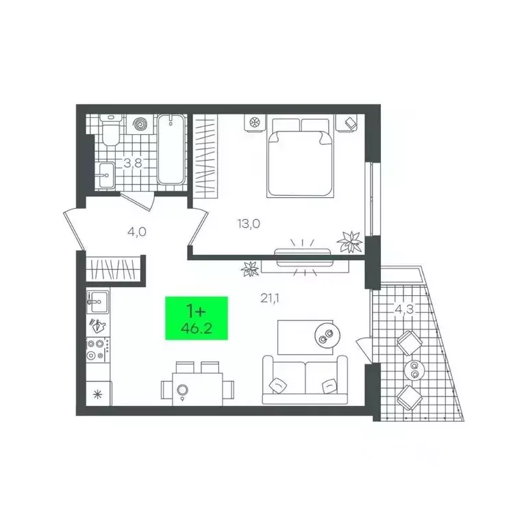 1-к кв. Тюменская область, Тюмень Комарово Парк жилрайон,  (46.2 м) - Фото 1