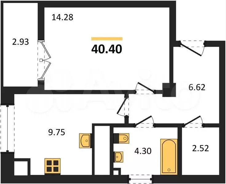 1-к. квартира, 40,4 м, 2/9 эт. - Фото 1