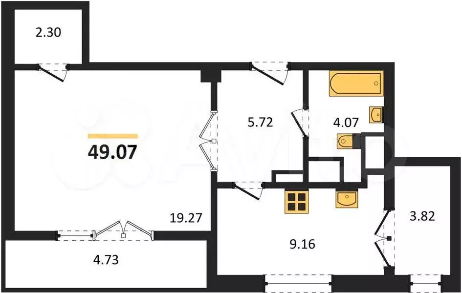 1-к. квартира, 49,1 м, 7/9 эт. - Фото 1