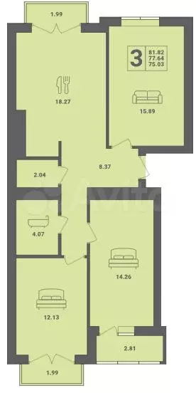 3-к. квартира, 81 м, 2/6 эт. - Фото 1