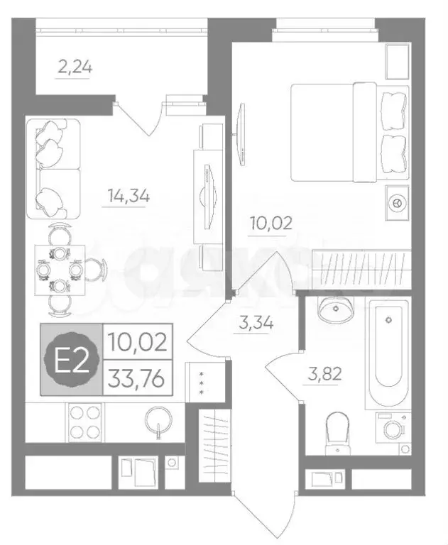 1-к. квартира, 33,8 м, 5/10 эт. - Фото 0