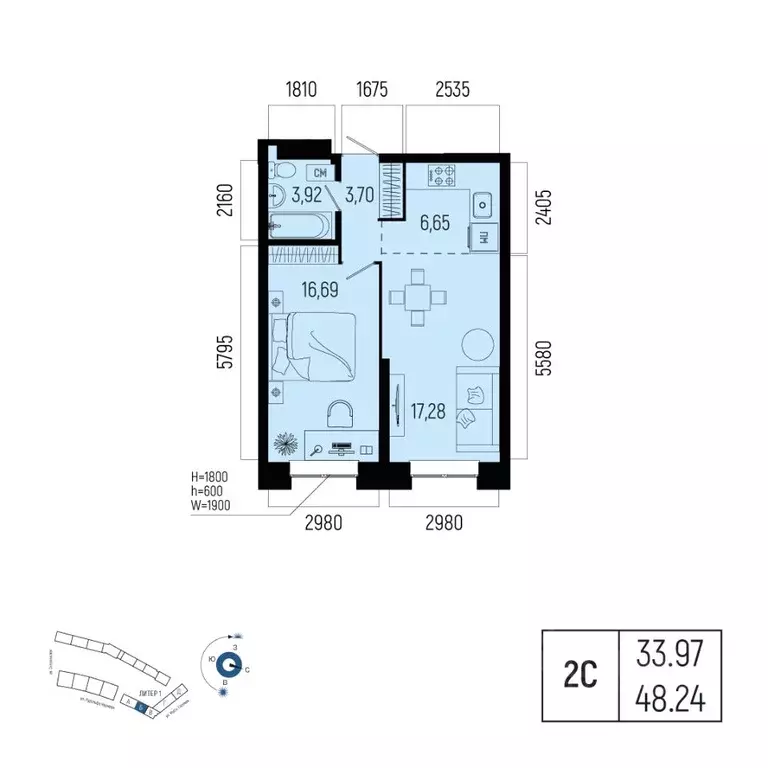 2-к кв. Башкортостан, Уфа Глумилино-1 мкр, Новатор жилой комплекс ... - Фото 1