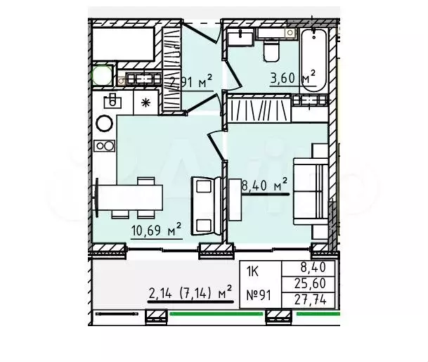 1-к. квартира, 27,7 м, 5/5 эт. - Фото 0