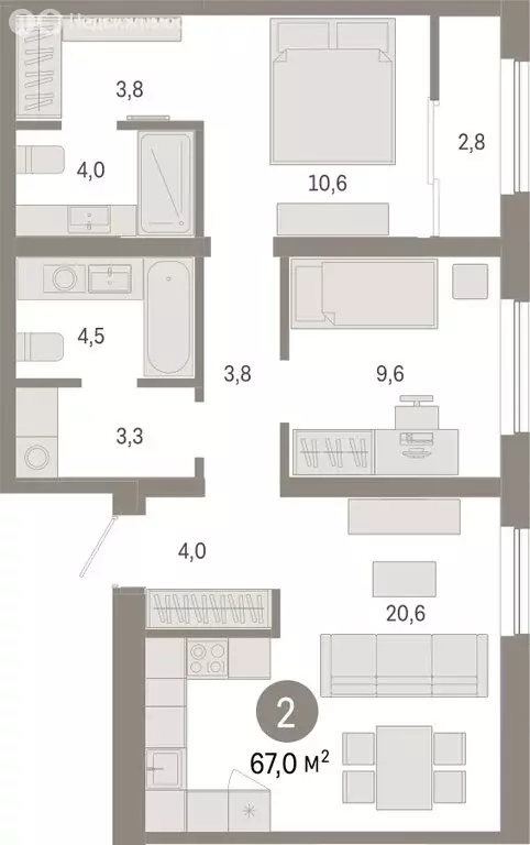 2-комнатная квартира: Новосибирск, Большевистская улица, с49 (66.96 м) - Фото 1