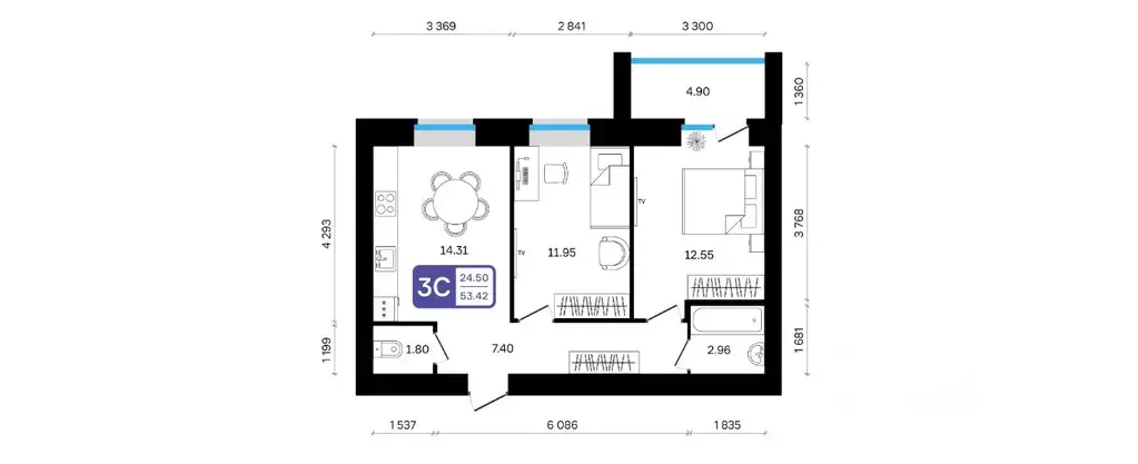 2-к кв. Башкортостан, Белебей 29-й мкр,  (53.4 м) - Фото 1