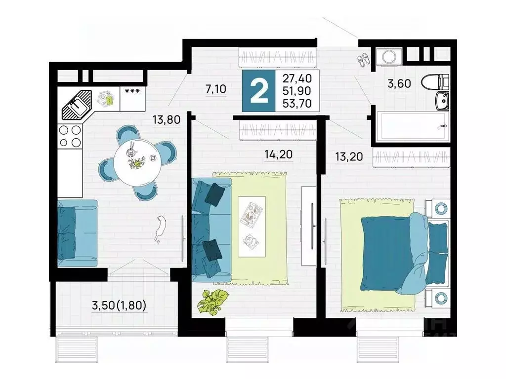 2-к кв. Адыгея, Тахтамукайский район, Яблоновский пгт  (53.7 м) - Фото 1